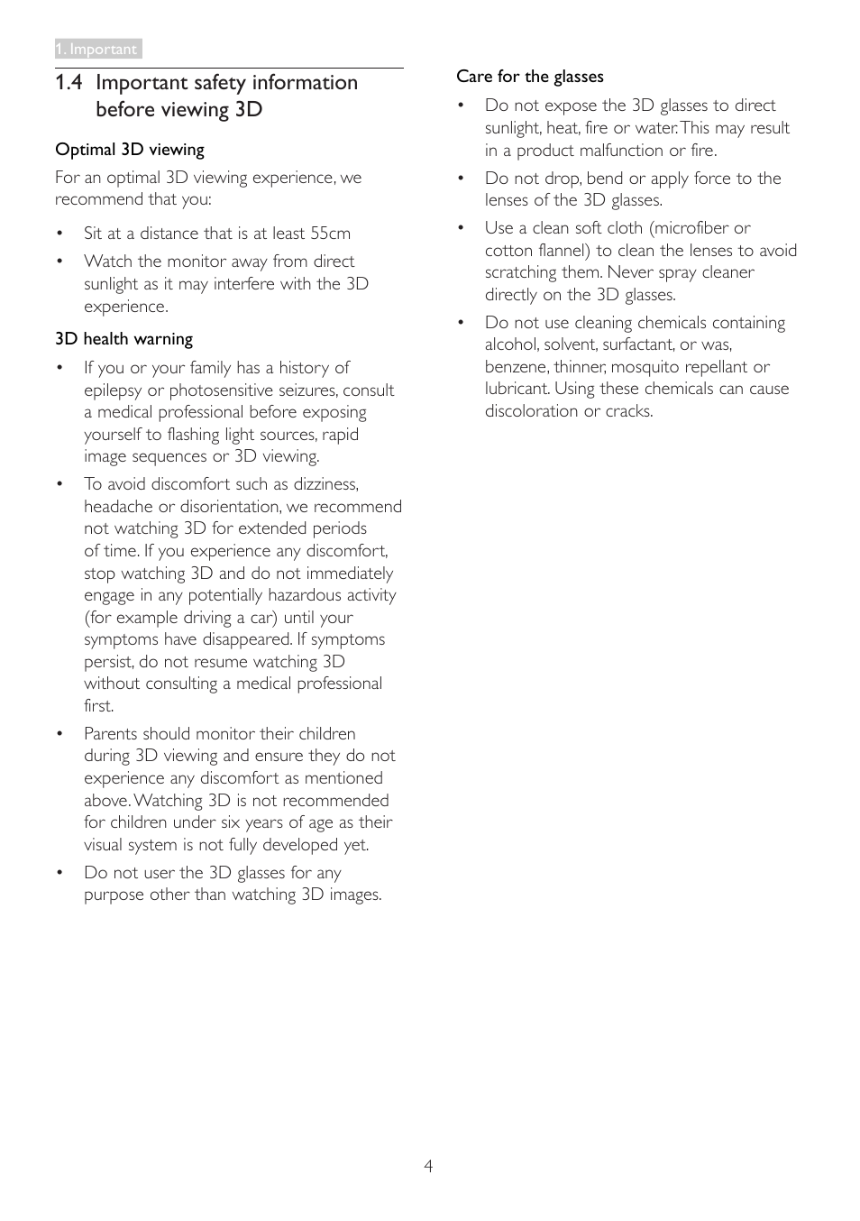 4 important safety information before viewing 3d, 4 important safety information before, Viewing 3d | Philips 273G3DHSW-27 User Manual | Page 6 / 45