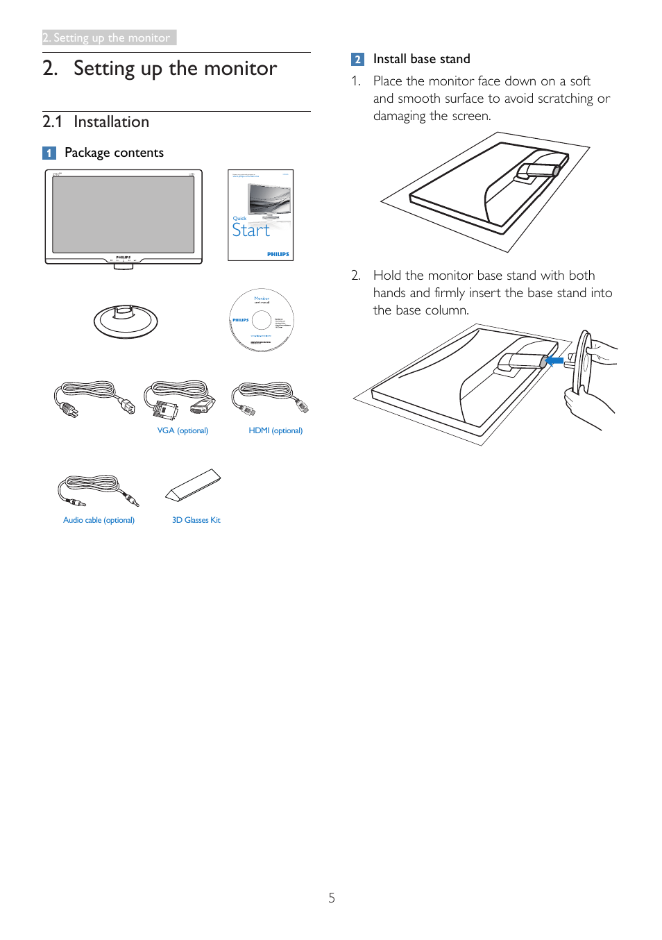 Setting up the monitor, 1 installation, Start | Package contents | Philips 273G3DHSW-27 User Manual | Page 7 / 45