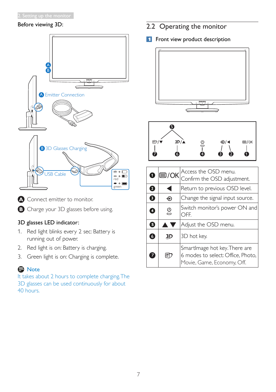 2 operating the monitor | Philips 273G3DHSW-27 User Manual | Page 9 / 45