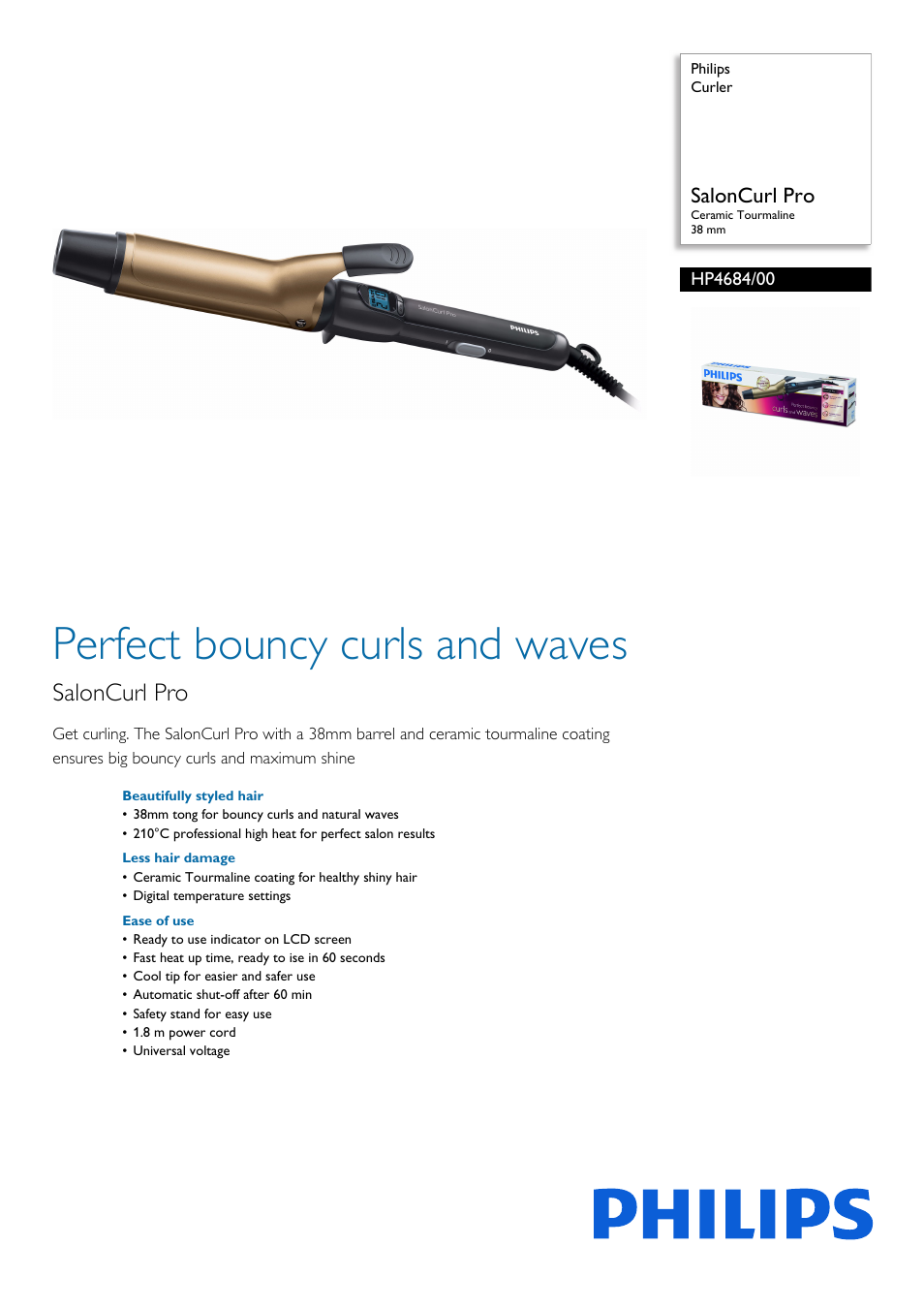 Philips Curler HP4684-00 32 mm barrel 210C professional temperature Ceramic coating Auto shut-off User Manual | 3 pages