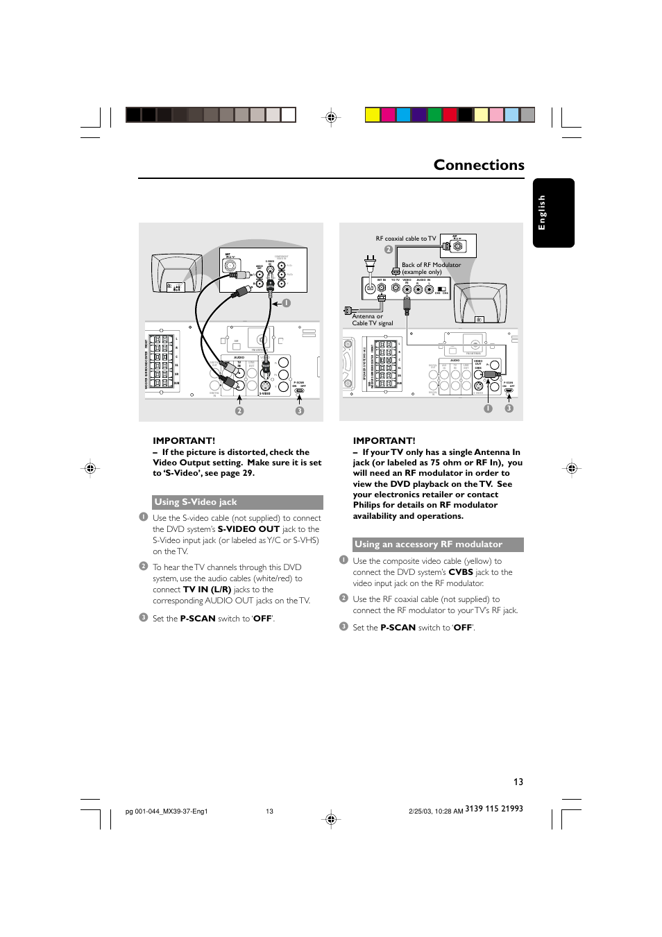 Connections, Important, Using s-video jack | Using an accessory rf modulator, Set the p-scan switch to ‘ off | Philips MX3950D-98 User Manual | Page 13 / 44