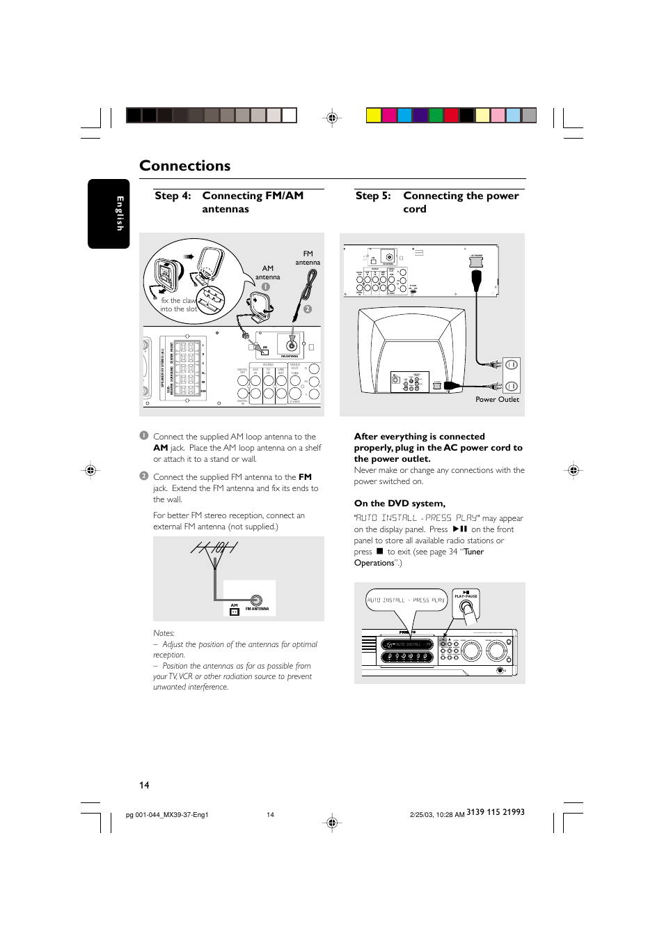 Connections, Ac mains, Prog tuning clock•timer surround search | Surr. left surr. right left right center subwoofer, On the dvd system | Philips MX3950D-98 User Manual | Page 14 / 44