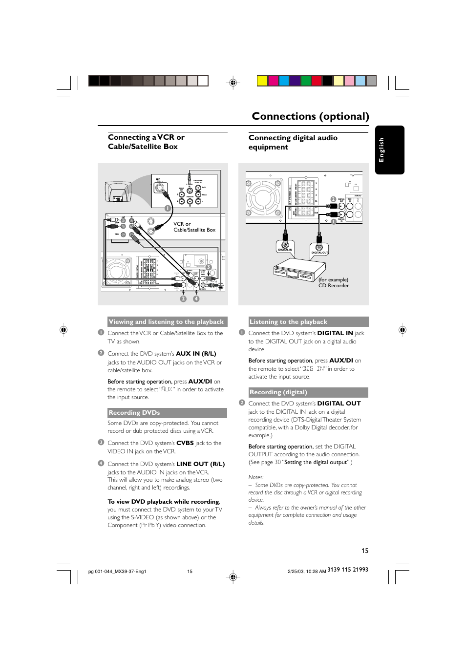 Connections (optional), Connecting digital audio equipment, Connecting a vcr or cable/satellite box | Viewing and listening to the playback, Recording dvds, Listening to the playback, Recording (digital), For example) cd recorder, Vcr or cable/satellite box | Philips MX3950D-98 User Manual | Page 15 / 44