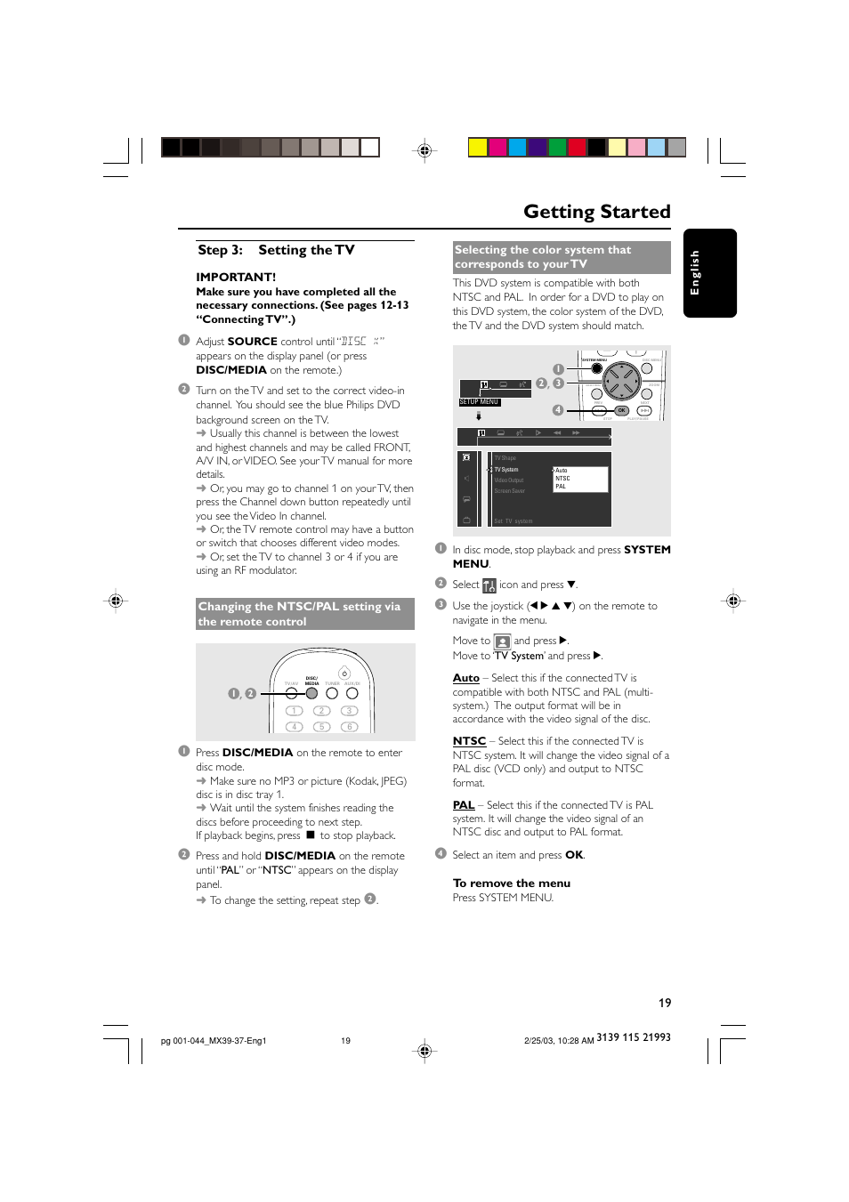 Getting started, Step 3: setting the tv | Philips MX3950D-98 User Manual | Page 19 / 44