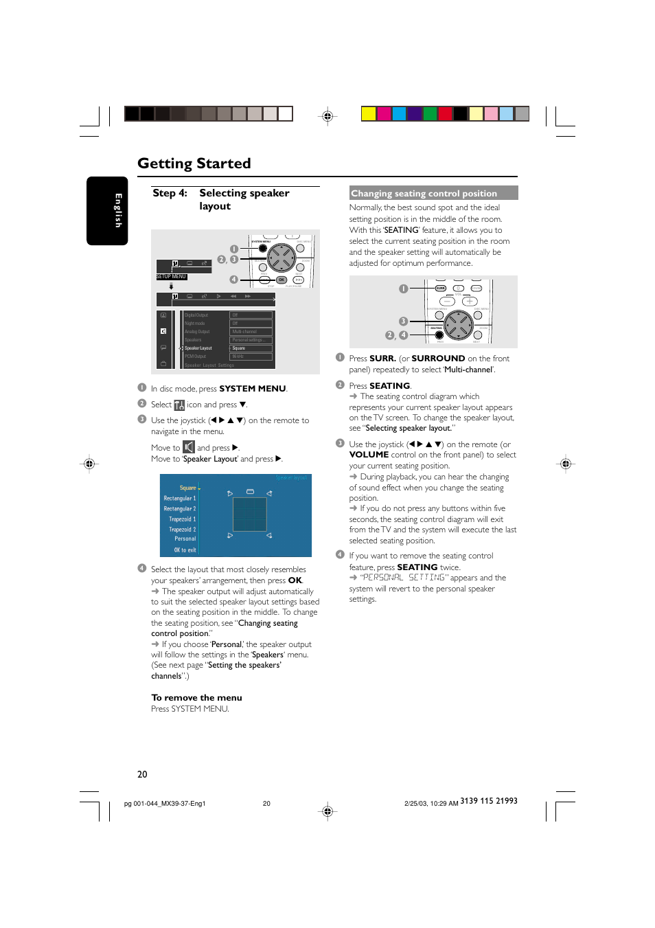 Getting started, Step 4: selecting speaker layout 1 | Philips MX3950D-98 User Manual | Page 20 / 44