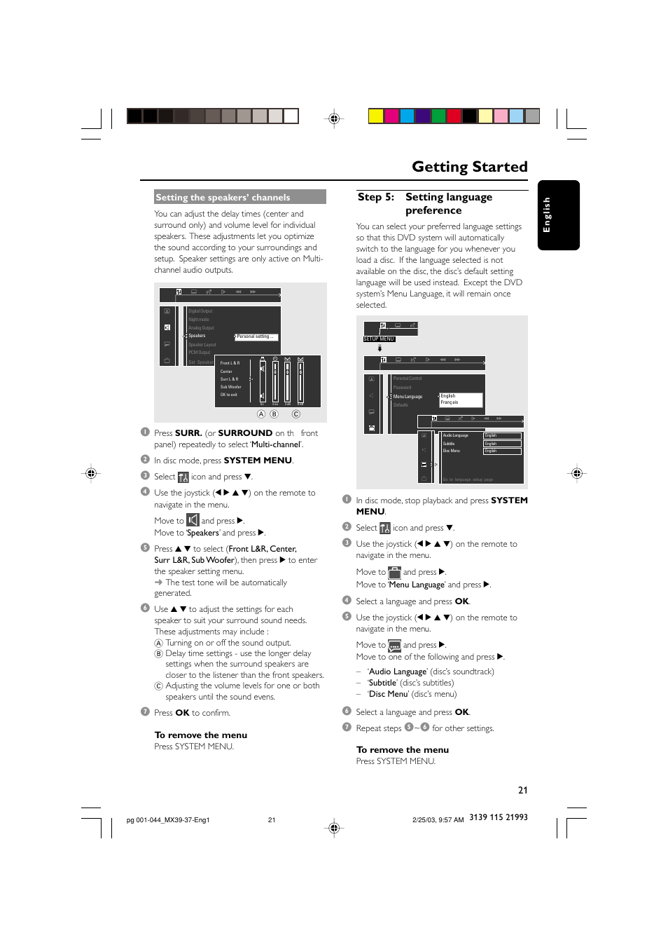 Getting started, Step 5: setting language preference | Philips MX3950D-98 User Manual | Page 21 / 44