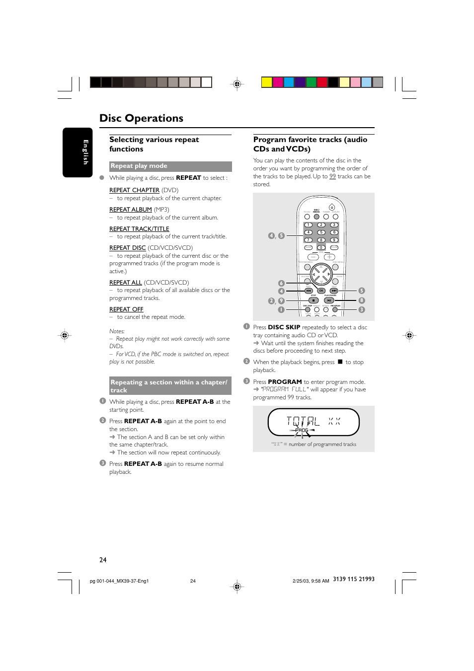 Total xx, Disc operations, Selecting various repeat functions | Program favorite tracks (audio cds and vcds) | Philips MX3950D-98 User Manual | Page 24 / 44