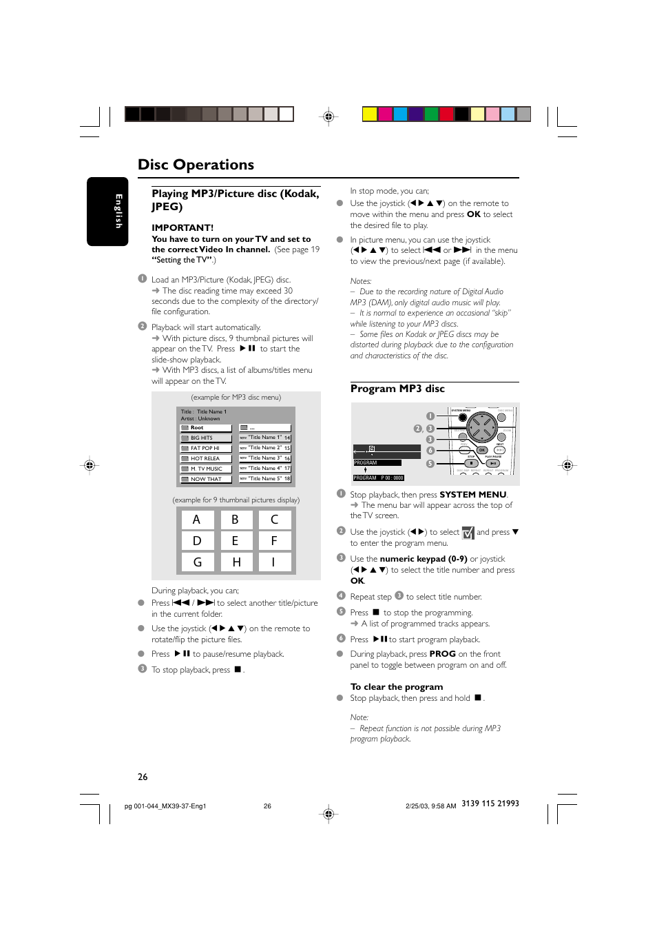 Disc operations, Playing mp3/picture disc (kodak, jpeg), Program mp3 disc | Philips MX3950D-98 User Manual | Page 26 / 44