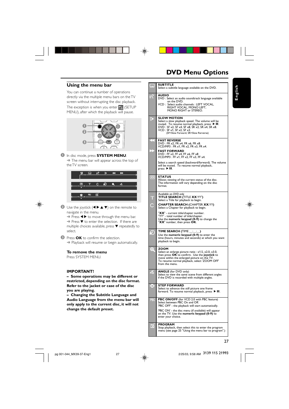 Dvd menu options, Using the menu bar | Philips MX3950D-98 User Manual | Page 27 / 44