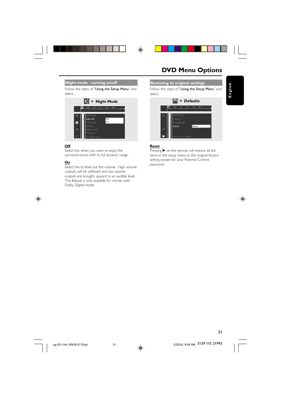 Dvd menu options | Philips MX3950D-98 User Manual | Page 31 / 44