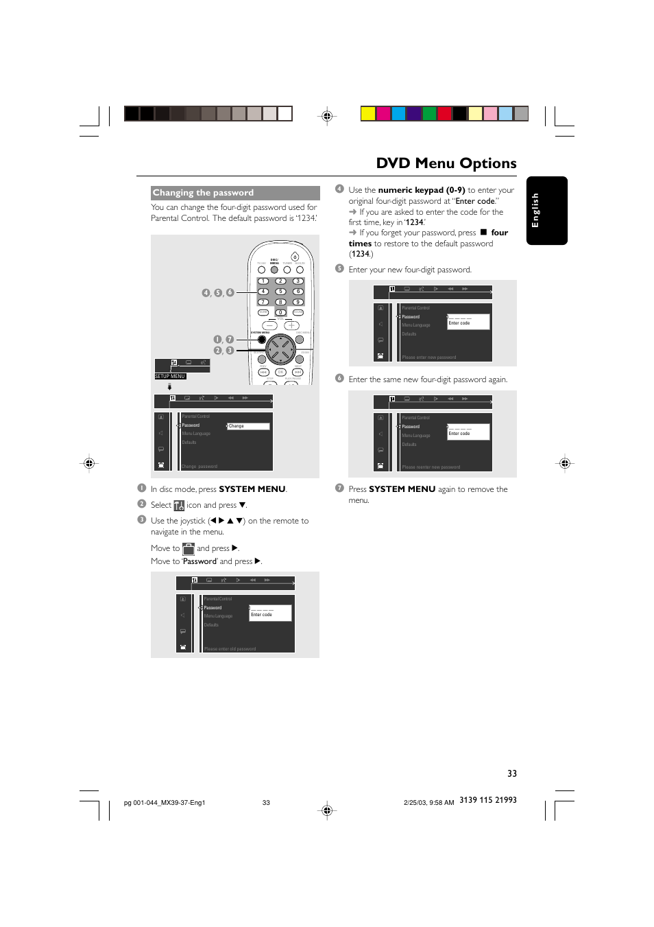 Dvd menu options, Changing the password | Philips MX3950D-98 User Manual | Page 33 / 44