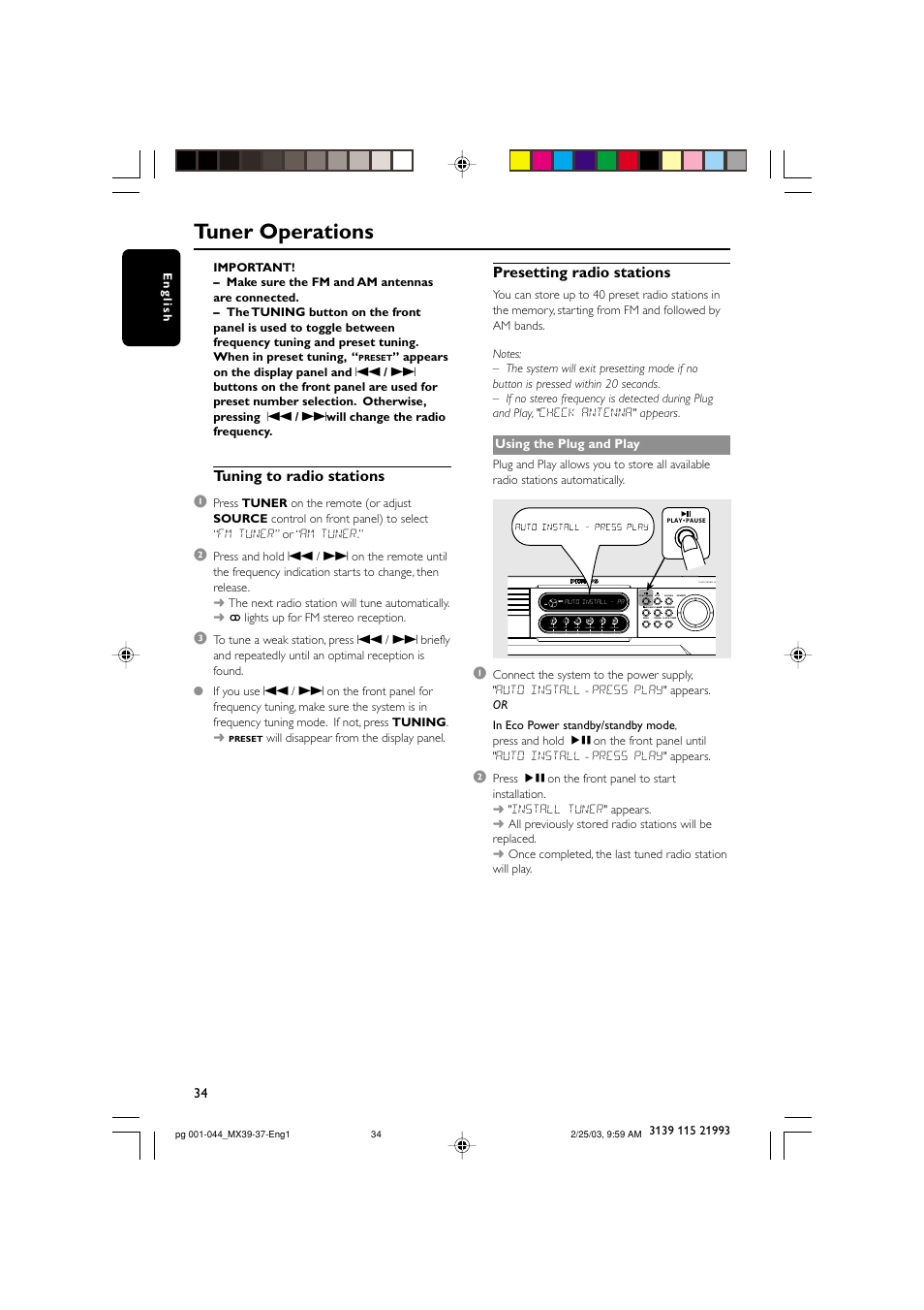 Tuner operations, Tuning to radio stations 1, Presetting radio stations | Philips MX3950D-98 User Manual | Page 34 / 44