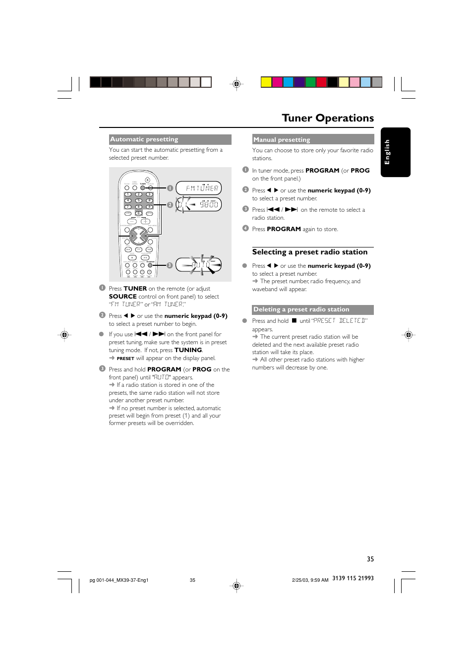 Tuner operations, Selecting a preset radio station, Automatic presetting | Manual presetting, Deleting a preset radio station | Philips MX3950D-98 User Manual | Page 35 / 44