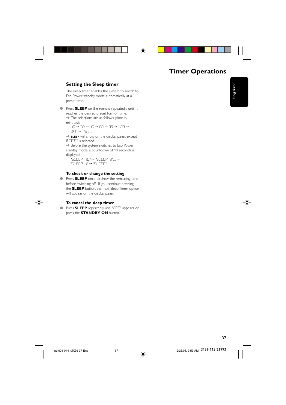 Timer operations, Setting the sleep timer | Philips MX3950D-98 User Manual | Page 37 / 44