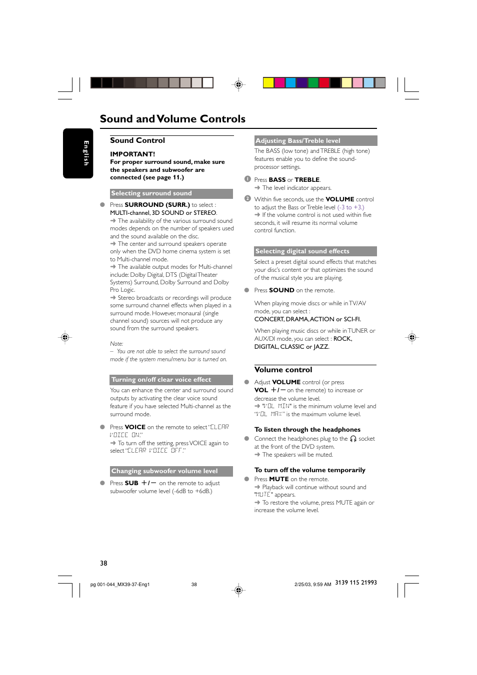 Sound and volume controls, Sound control, Volume control | Philips MX3950D-98 User Manual | Page 38 / 44