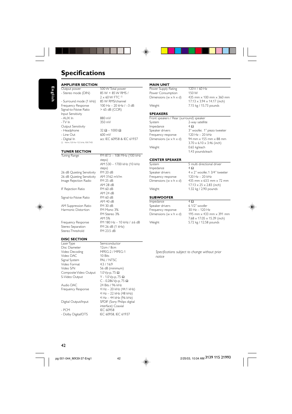 Specifications | Philips MX3950D-98 User Manual | Page 42 / 44