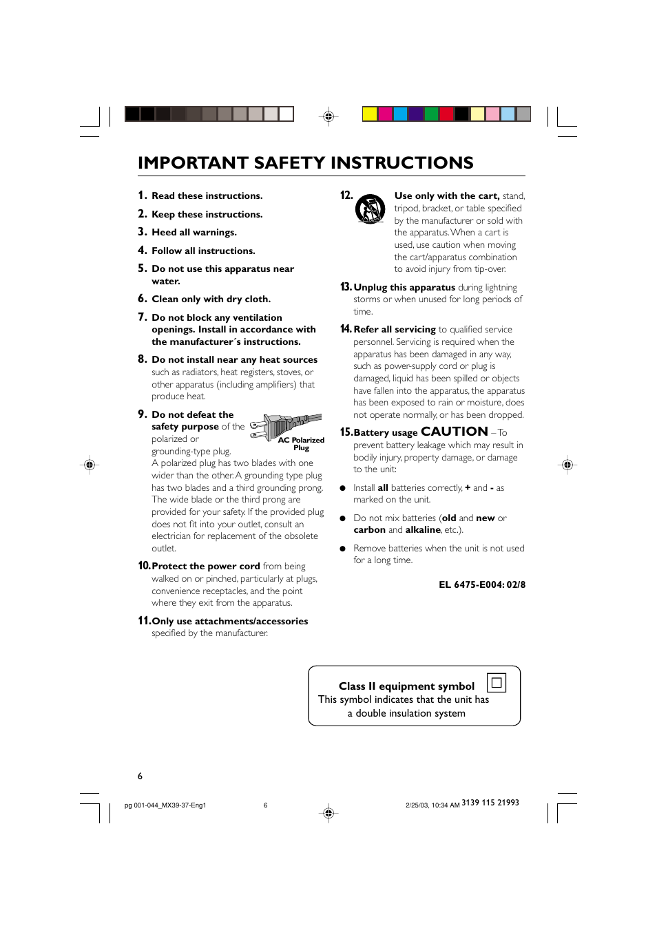Important safety instructions, Caution | Philips MX3950D-98 User Manual | Page 6 / 44