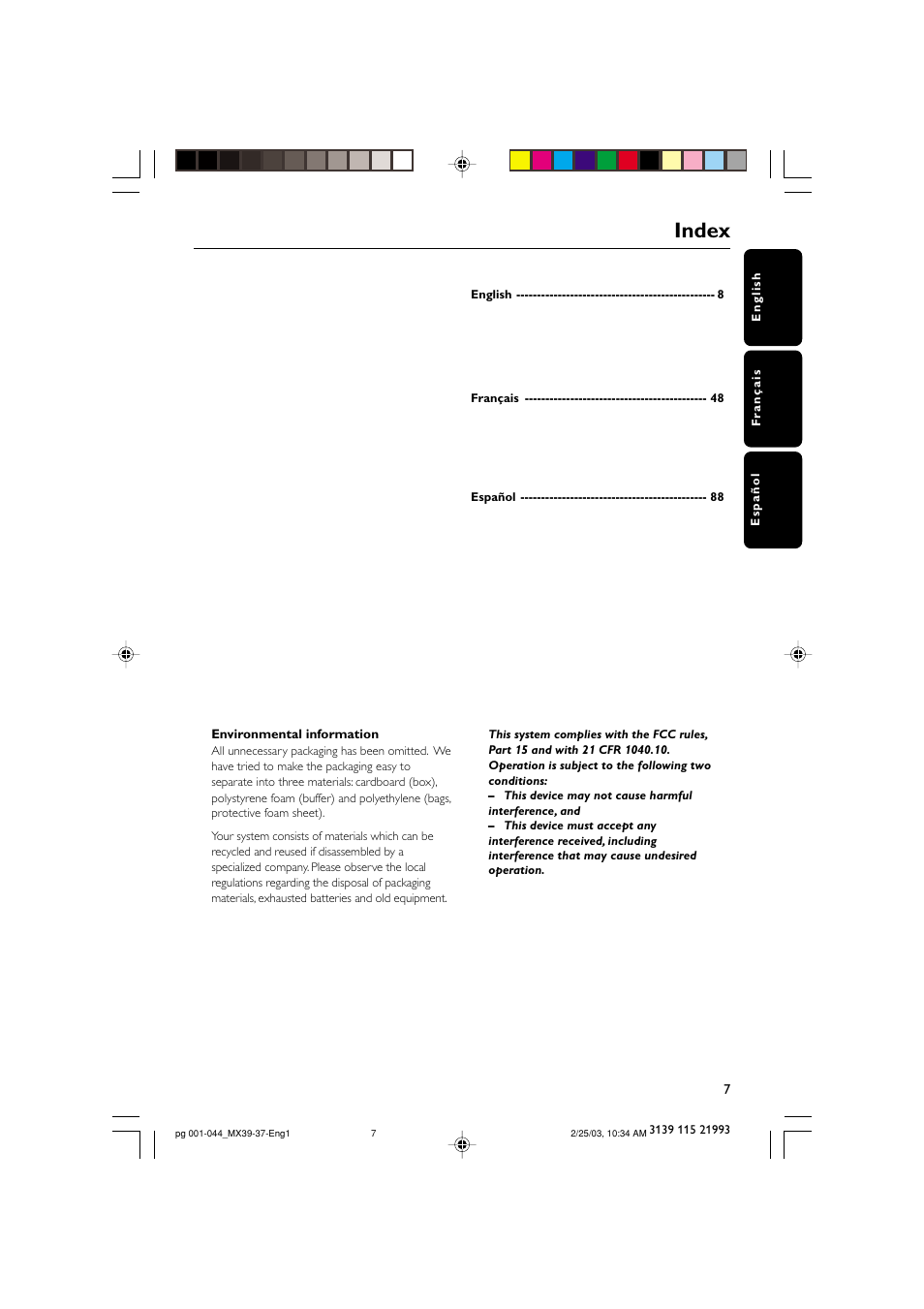 Index | Philips MX3950D-98 User Manual | Page 7 / 44