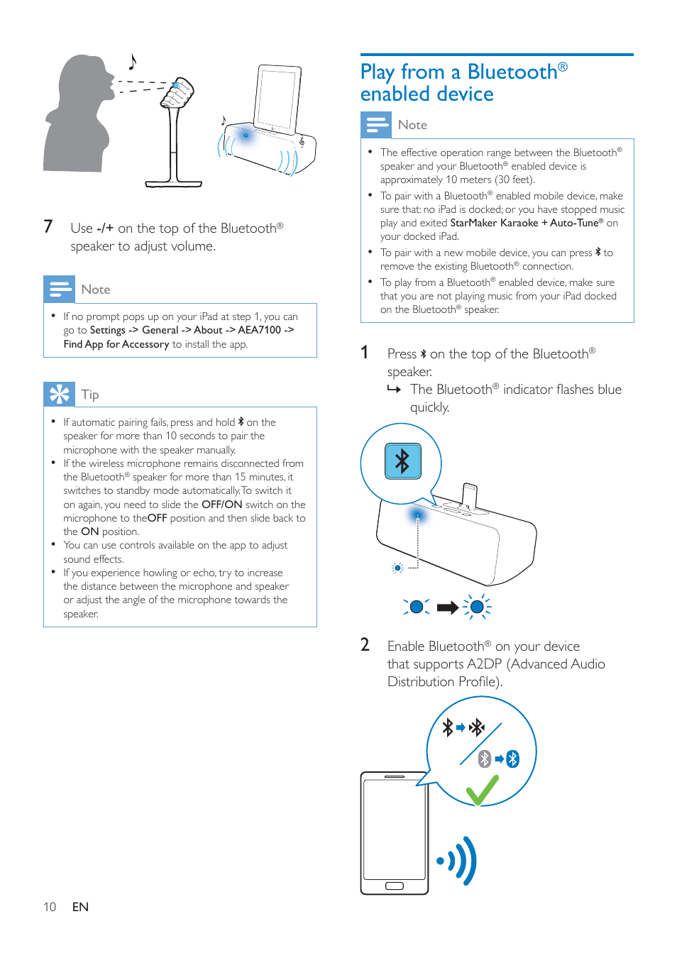 Play from a bluetooth® enabled device, Play from a bluetooth, Enabled device 10 | Philips AEA7100-17 User Manual | Page 12 / 18