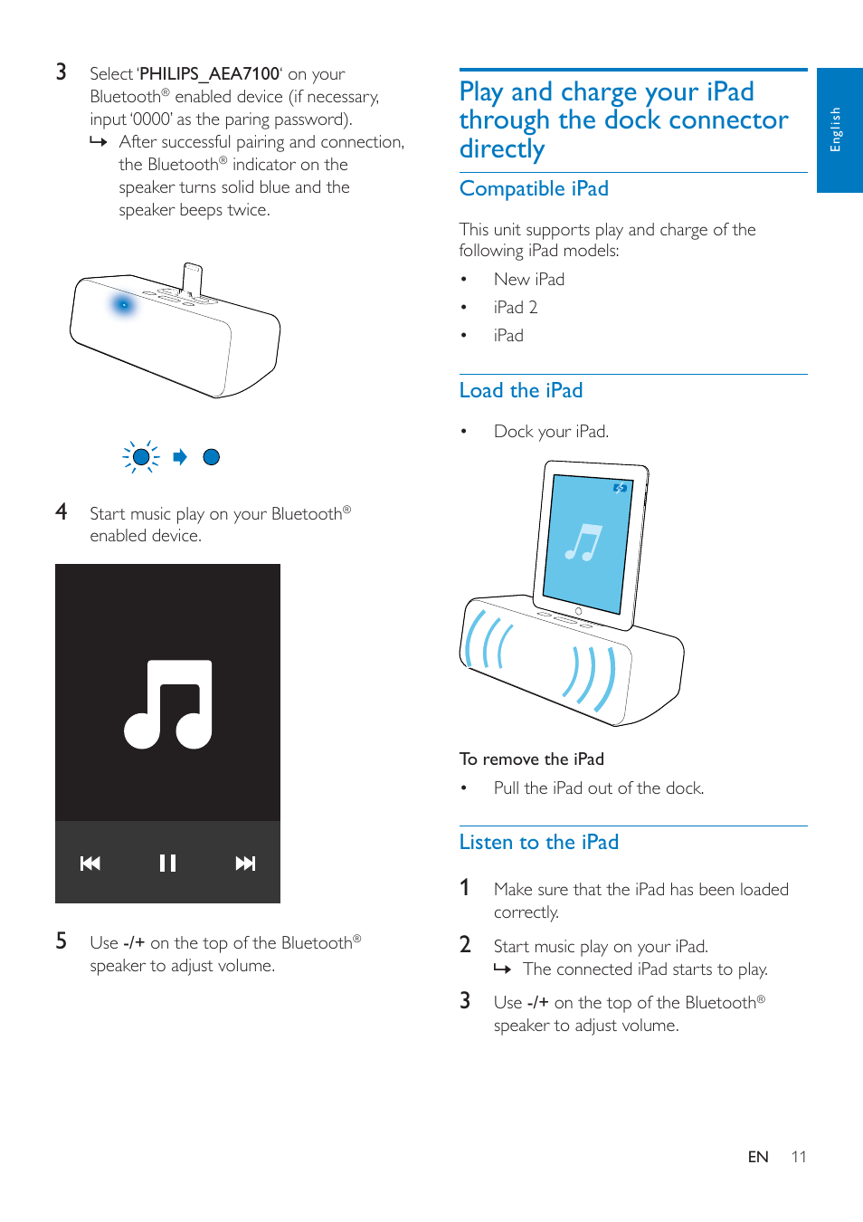 Play and charge your ipad through the, Dock connector directly | Philips AEA7100-17 User Manual | Page 13 / 18