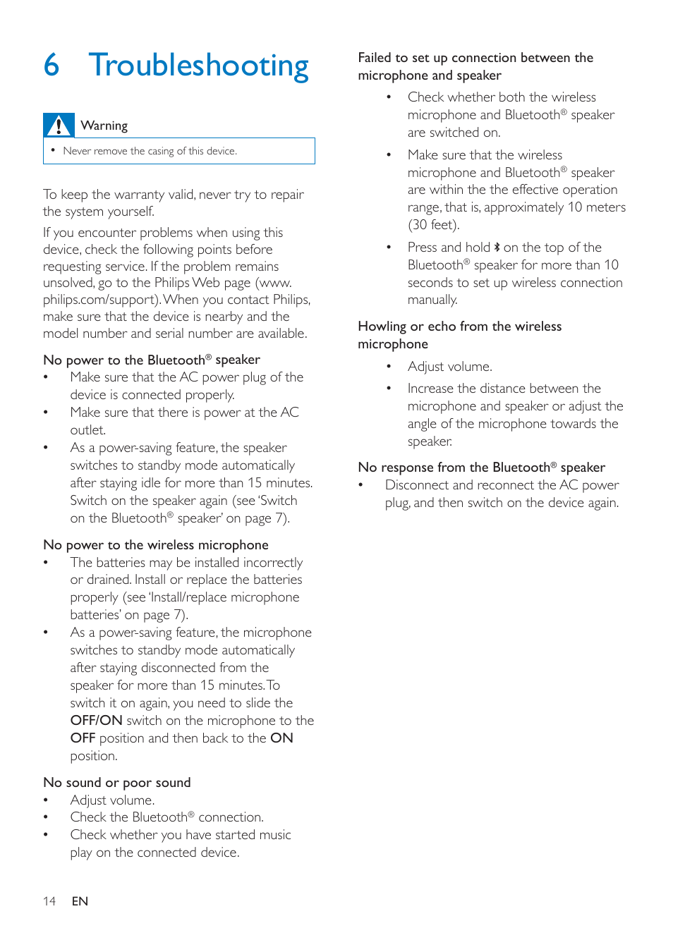 6 troubleshooting | Philips AEA7100-17 User Manual | Page 16 / 18