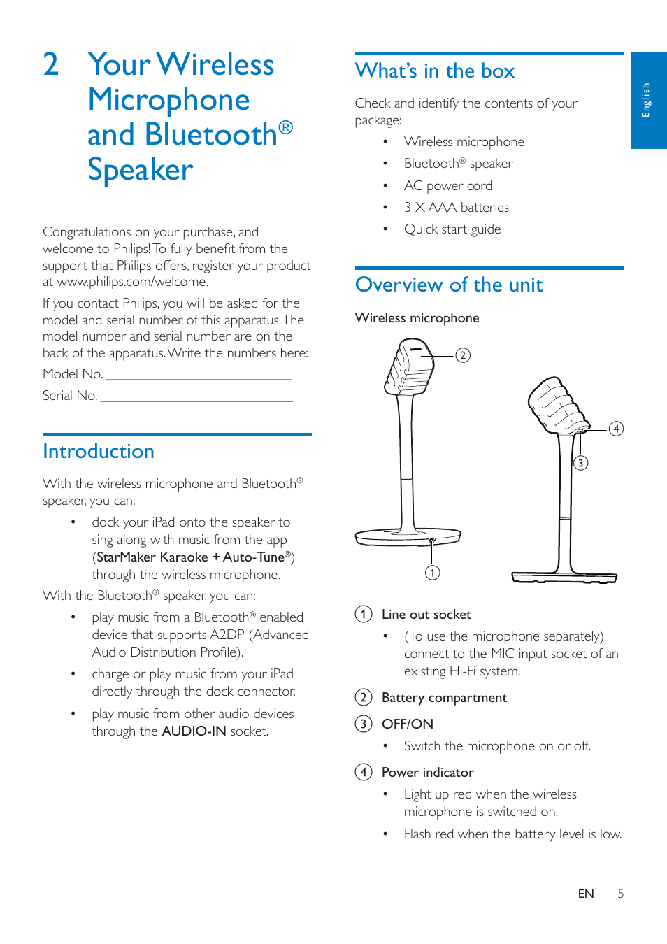 2 your wireless microphone and bluetooth® speaker, Introduction, What’s in the box | Overview of the unit, 2 your wireless microphone and, Bluetooth, Speaker, Introduction 5, 2 your wireless microphone and bluetooth | Philips AEA7100-17 User Manual | Page 7 / 18