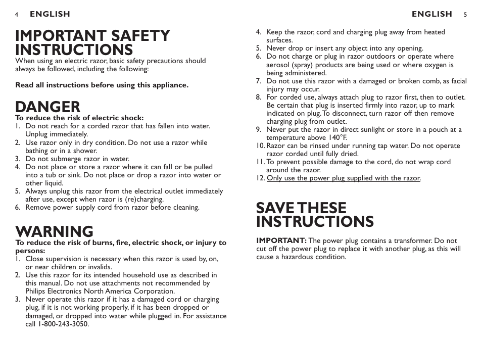 Save these instructions, Important safety instructions, Danger | Warning | Philips 7810XL-18 User Manual | Page 3 / 12