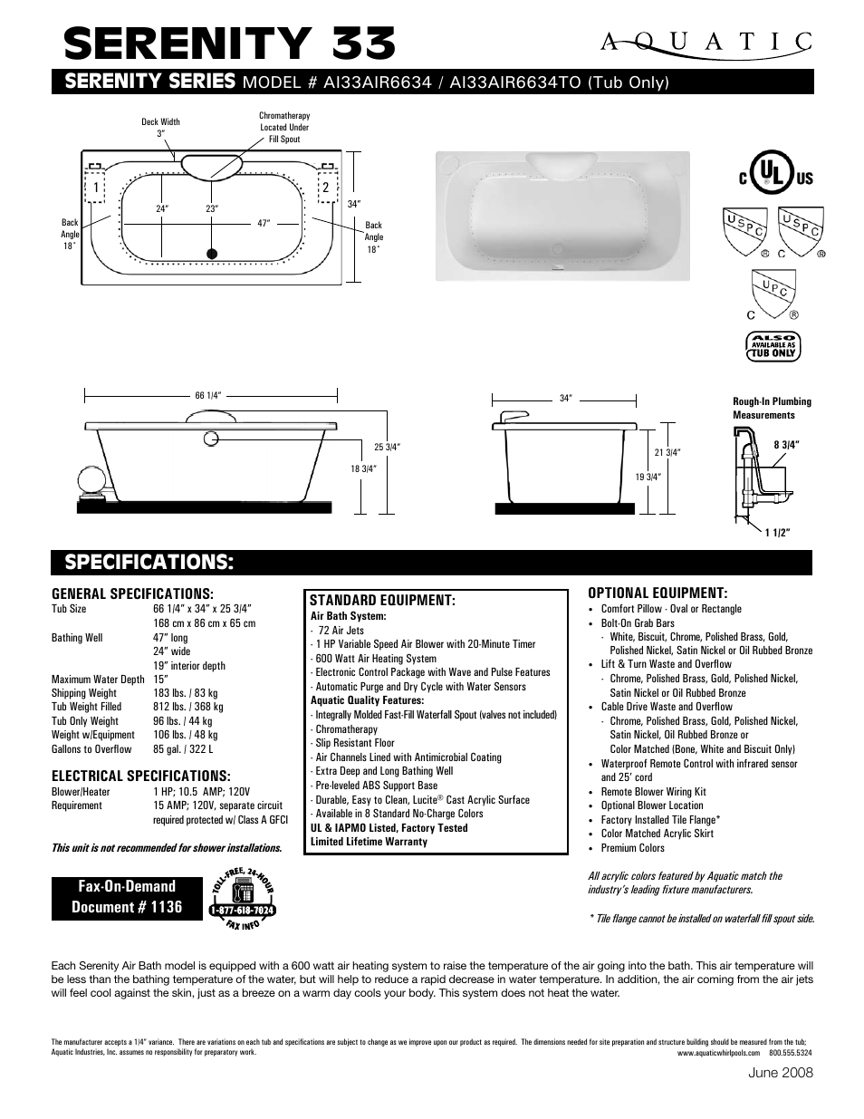 Aquatic AI33AIR6634TO User Manual | 1 page