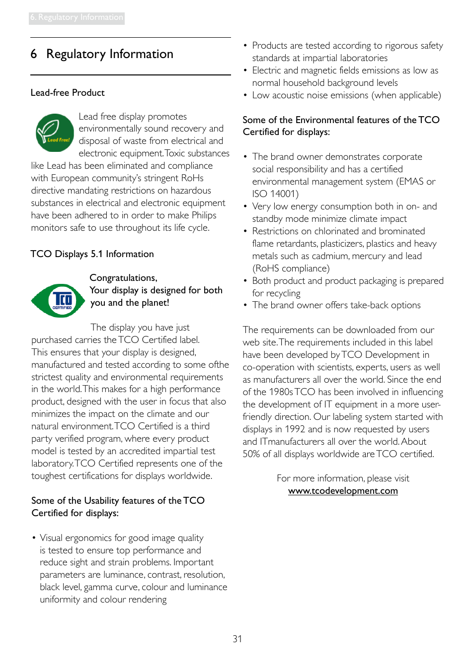 6 regulatory information | Philips Brilliance LED monitor 241P3LES P-line 24" - 61 cm with SmartImage User Manual | Page 33 / 61