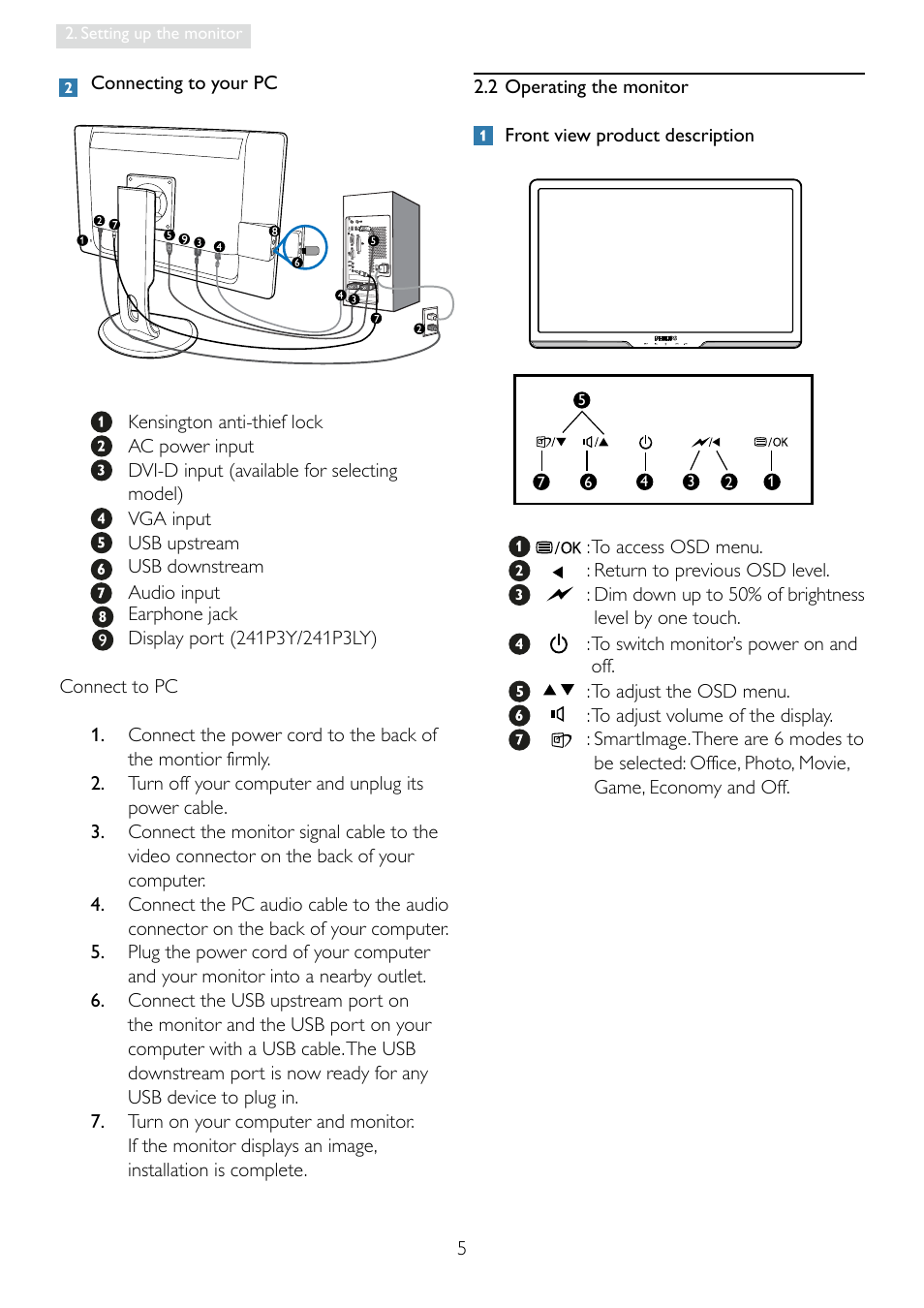 Philips Brilliance LED monitor 241P3LES P-line 24" - 61 cm with SmartImage User Manual | Page 7 / 61