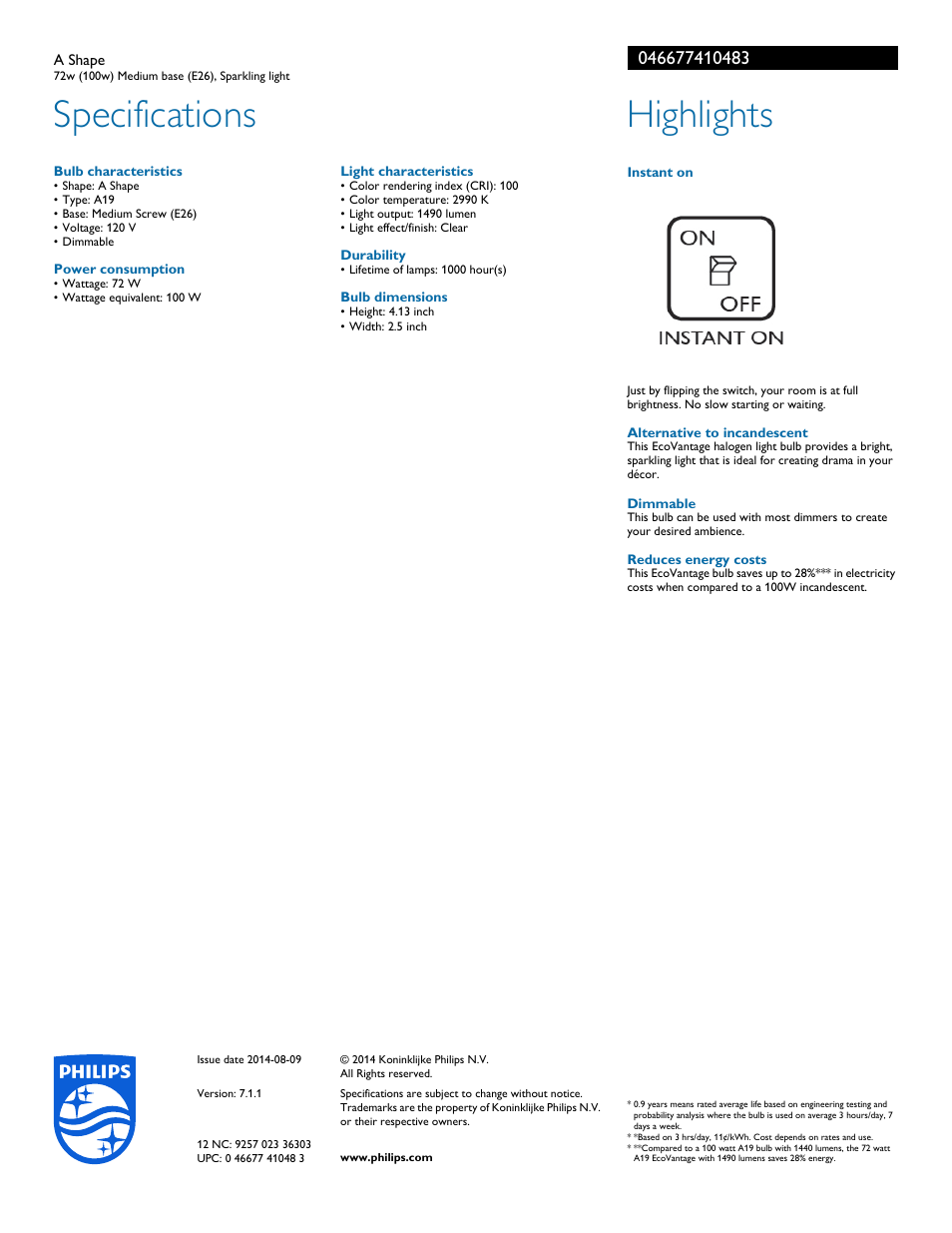 Specifications, Highlights | Philips 046677410483 User Manual | Page 2 / 2