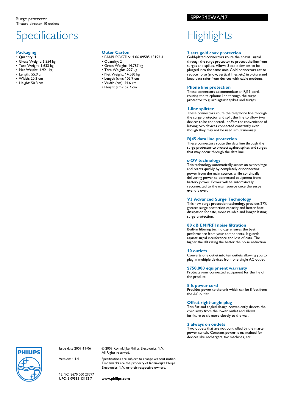 Specifications, Highlights | Philips SPP4210WA-17 User Manual | Page 2 / 2