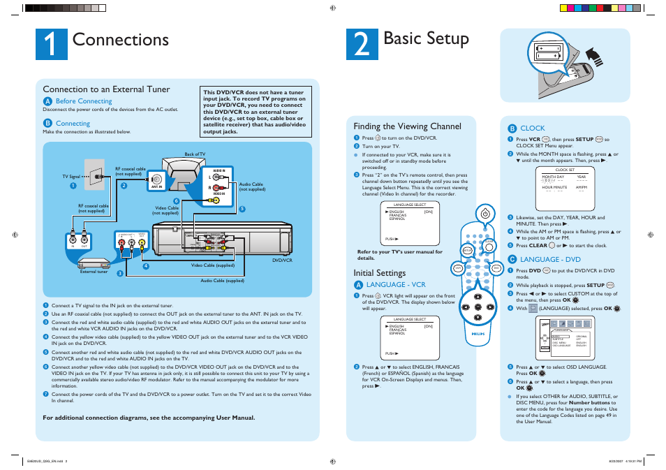 Connections basic setup, Finding the viewing channel, Initial settings a | Connection to an external tuner a | Philips DVP3345V-17B User Manual | Page 2 / 2