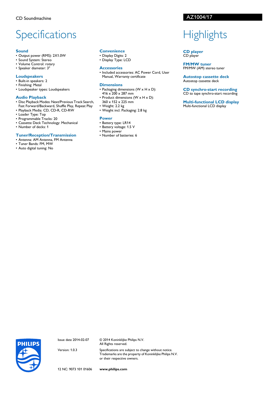 Specifications, Highlights | Philips AZ1004-17 User Manual | Page 2 / 2