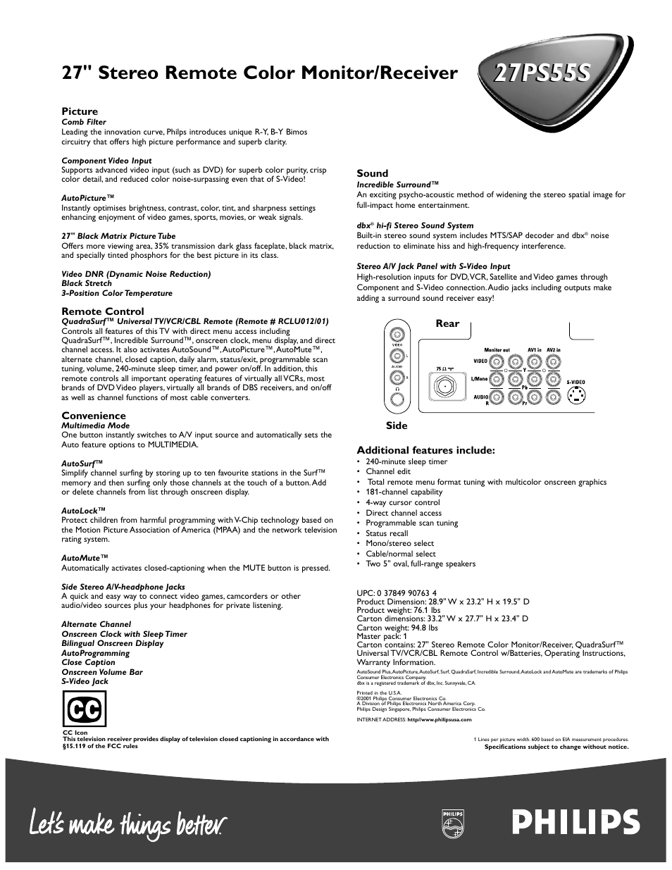 27ps55s, 27" stereo remote color monitor/receiver | Philips 27PS55S-321 User Manual | Page 2 / 2