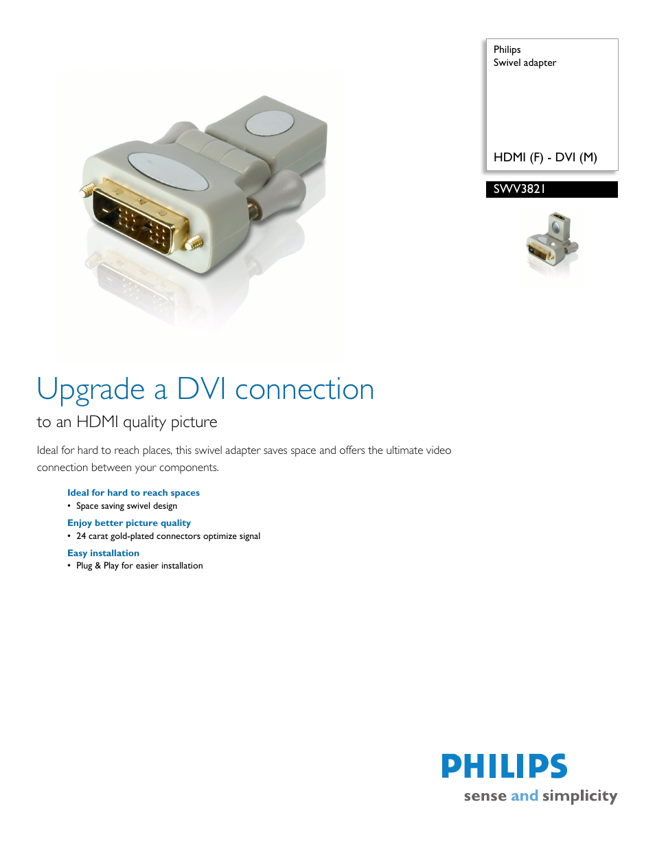 Philips Swivel adapter SWV3821 HDMI F - DVI M User Manual | 2 pages
