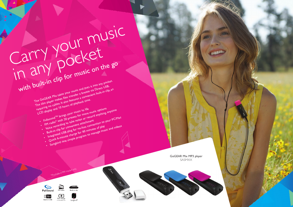 Carry y our m usic in any pock et, With built-in clip f or music on the g o | Philips SA4DOT02BN-37 User Manual | Page 6 / 13