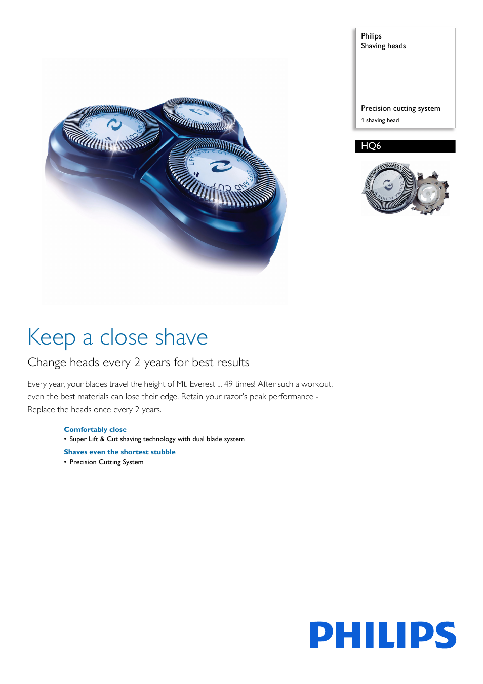 Philips Shaving heads HQ6 Precision cutting system 1 shaving head User Manual | 2 pages