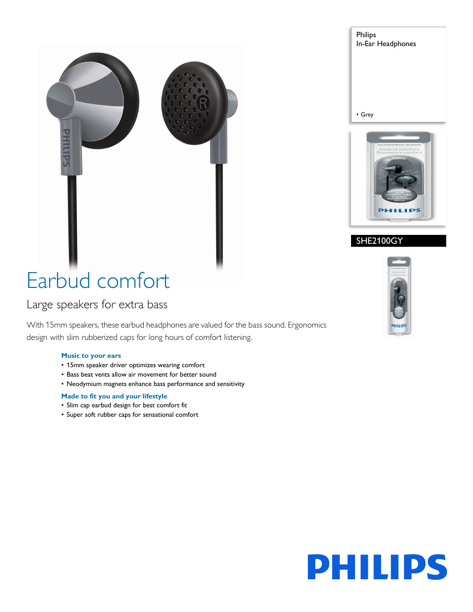 Philips SHE2100GY-28 User Manual | 2 pages