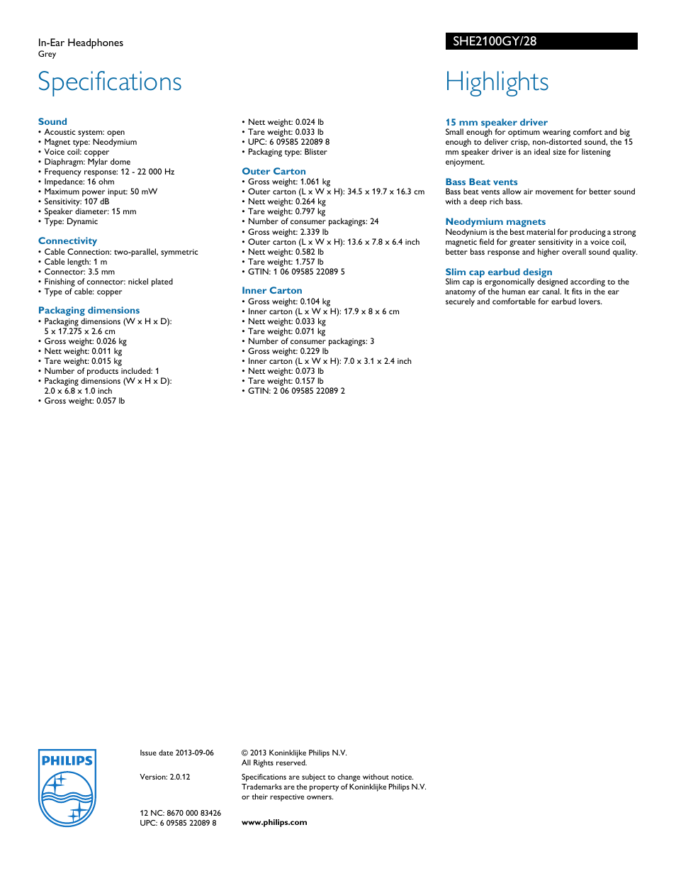 Specifications, Highlights | Philips SHE2100GY-28 User Manual | Page 2 / 2