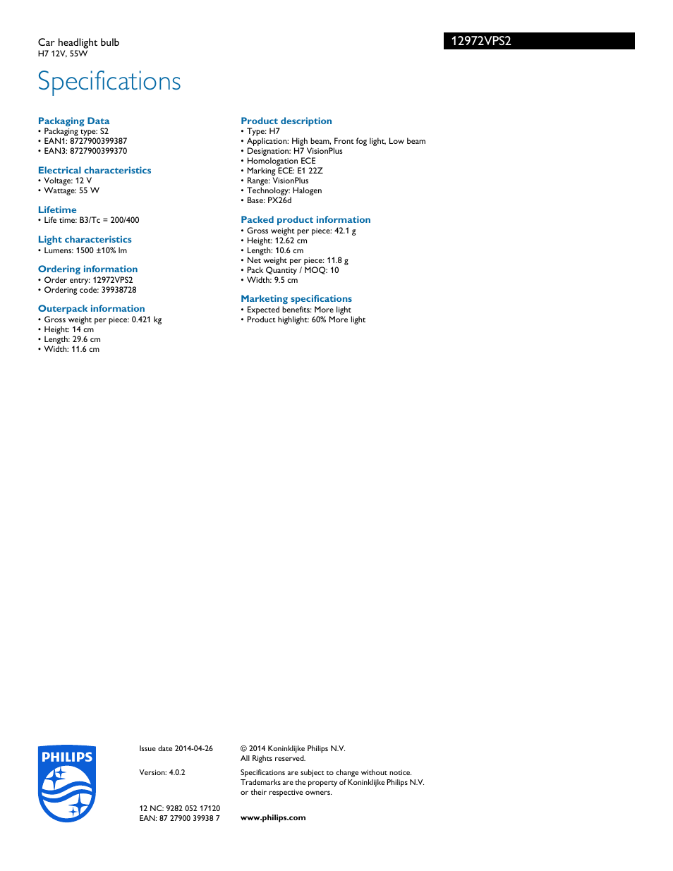 Specifications | Philips 12972VPS2 User Manual | Page 3 / 3