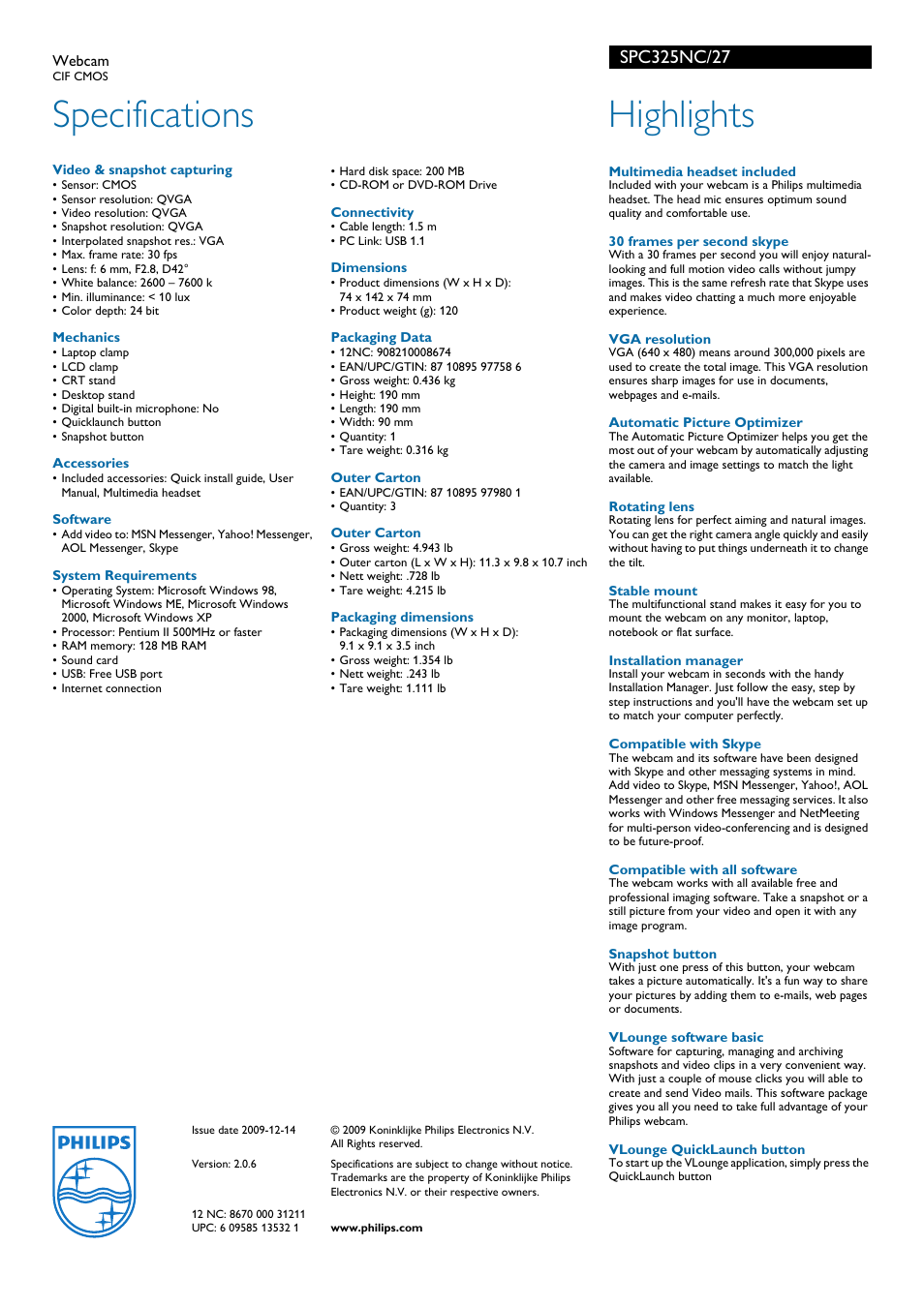 Specifications, Highlights | Philips SPC325NC-27 User Manual | Page 2 / 2