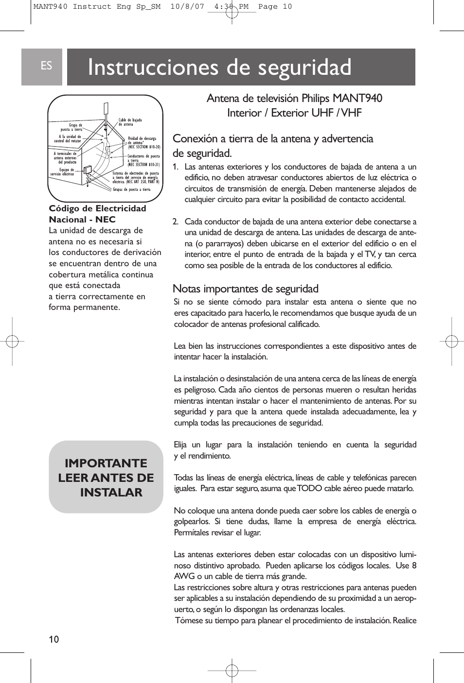 Instrucciones de seguridad, Notas importantes de seguridad, Importante leer antes de instalar | Philips US2-MANT940 User Manual | Page 10 / 16