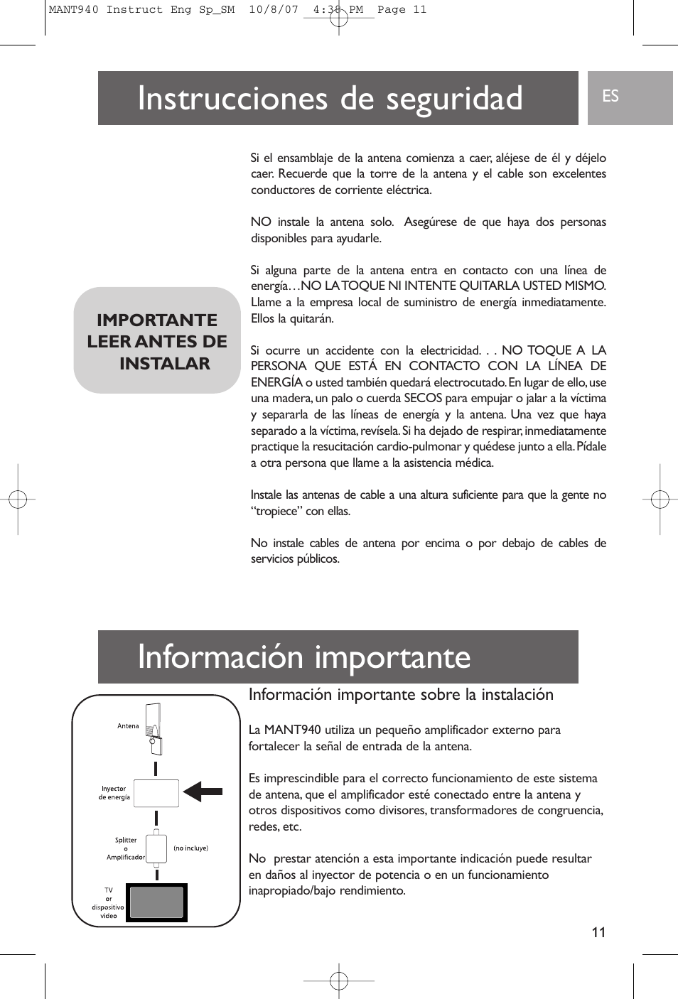 Instrucciones de seguridad, Información importante, Información importante sobre la instalación | Importante leer antes de instalar | Philips US2-MANT940 User Manual | Page 11 / 16