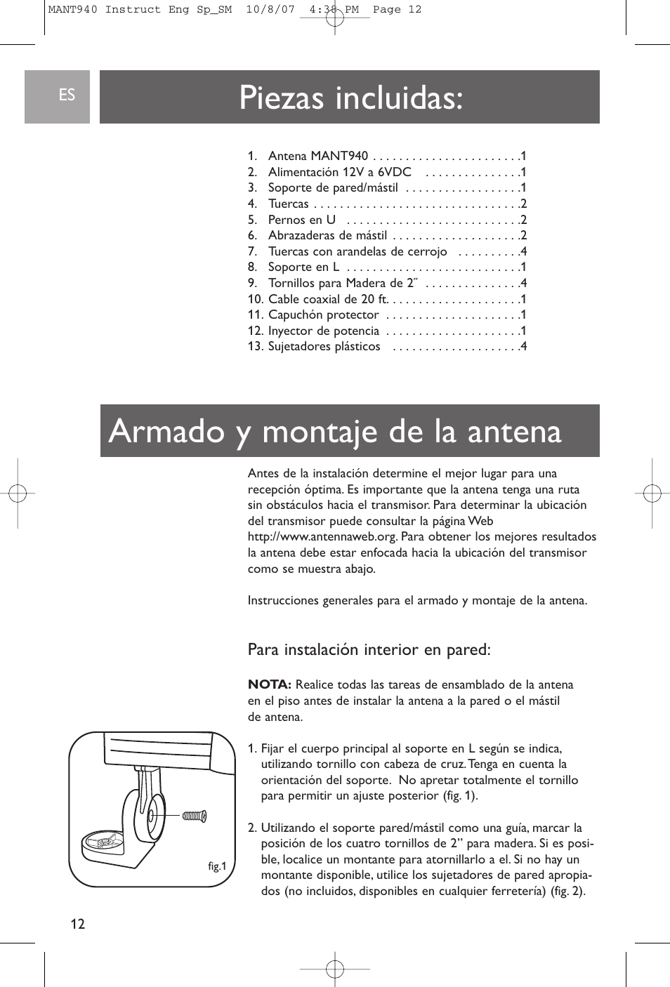 Piezas incluidas, Armado y montaje de la antena, Para instalación interior en pared | Philips US2-MANT940 User Manual | Page 12 / 16