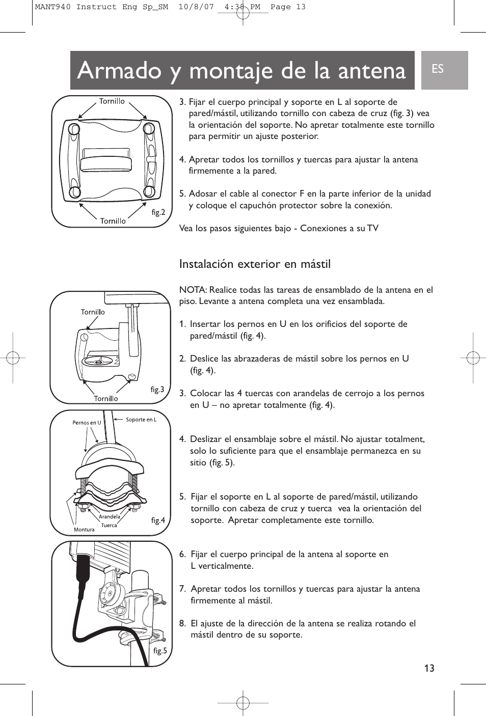 Armado y montaje de la antena, Instalación exterior en mástil | Philips US2-MANT940 User Manual | Page 13 / 16