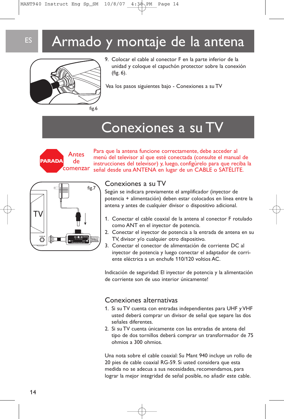 Armado y montaje de la antena conexiones a su tv, Conexiones a su tv, Conexiones alternativas | Philips US2-MANT940 User Manual | Page 14 / 16