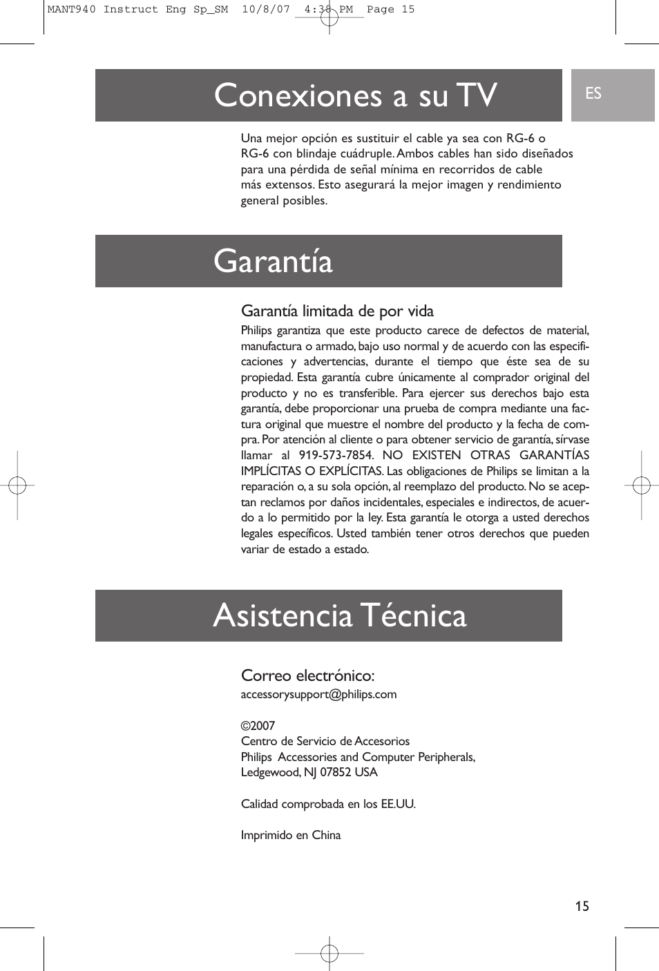 Conexiones a su tv asistencia técnica garantía, Garantía limitada de por vida, Correo electrónico | Philips US2-MANT940 User Manual | Page 15 / 16