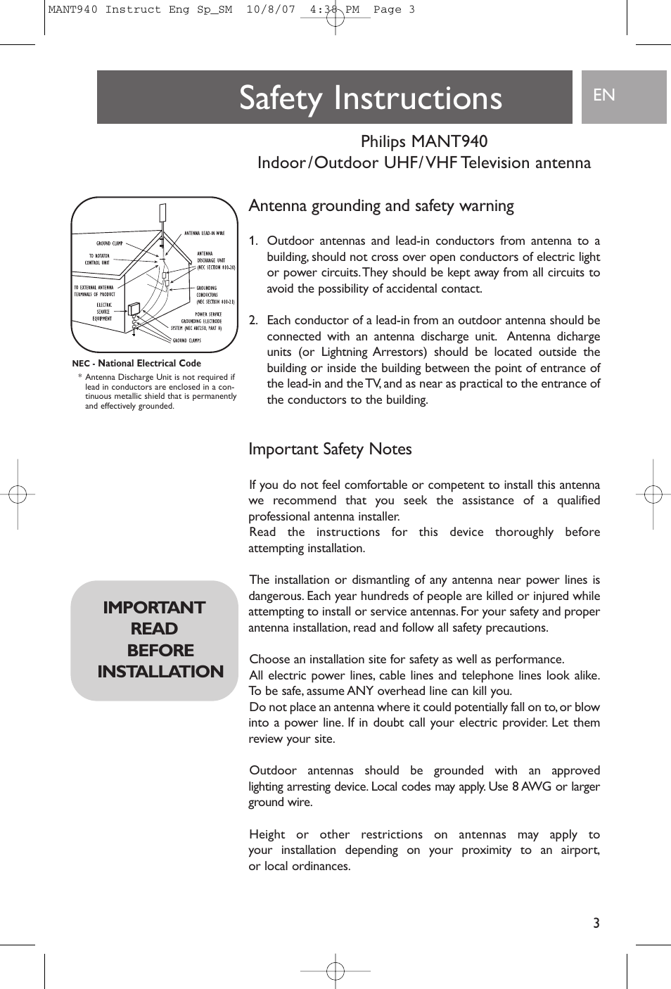 Safety instructions, Important read before installation | Philips US2-MANT940 User Manual | Page 3 / 16