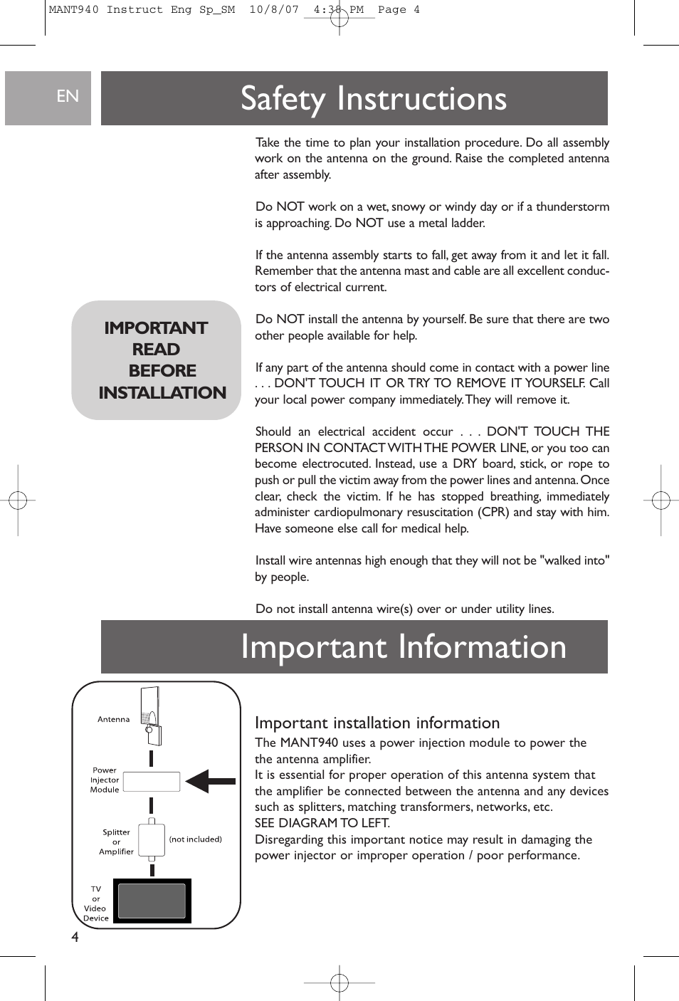 Safety instructions, Important information, Important installation information | Important read before installation | Philips US2-MANT940 User Manual | Page 4 / 16